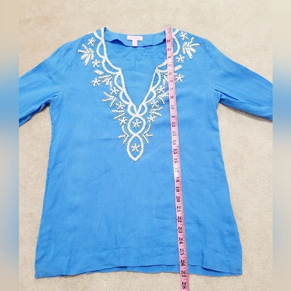 Lilly Pulitzer Linen Tunic Top Blue White Embroidered V-Neck Long Sleeve Size S - Picture 11 of 15